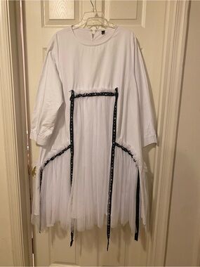 White Tulle-Overlay Midi Dress with Contrast Ribbon